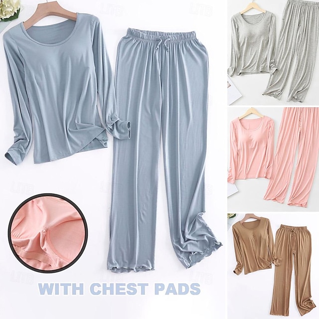  Women's Pajamas Sets Pure Color Simple Comfort Home Daily Bed Modal Breathable Crew Neck Long Sleeve T shirt Tee Pant Elastic Waist Summer Spring Home Outfits