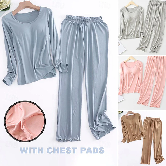Women's Pajamas Sets Pure Color Simple Comfort Home Daily Bed Modal Breathable Crew Neck Long Sleeve T shirt Tee Pant Elastic Waist Summer Spring Home Outfits 28