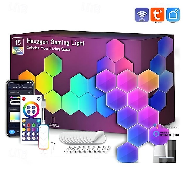  Lumières hexagonales intelligentes, lumière LED de jeu hexagonale bricolage avec application télécommande synchronisation de la musique panneaux d'éclairage mural rgbic pour salle de jeux, chambre à coucher, décoration de salon