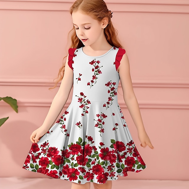  Girls' 3D Floral Ruffle Dress Sleeveless 3D Print Summer Daily Holiday Casual Beautiful Kids 3-12 Years Casual Dress Tank Dress Above Knee Polyester Regular Fit