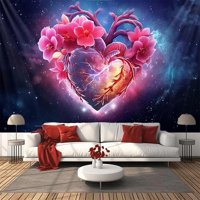 Valentine Floral Heart Hanging Tapestry Wall Art Large Tapestry Mural Decor Photograph Backdrop Blanket Curtain Home Bedroom Living Room Decoration 23
