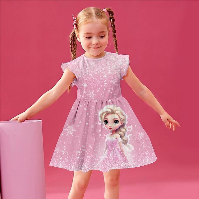  3D-Prinzessin-Rüschenkleid für Mädchen, rosa, ärmellos, 3D-Druck, Sommer, Alltag, Urlaub, lässig, schön, Kinder 3–12 Jahre, Freizeitkleid, Tanktop-Kleid über dem Knie, Polyester, normale Passform