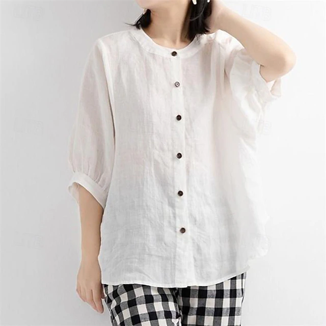 Cotton Linen Shirts Linen Shirt Button Up Long Cotton Top Women's Black White Yellow Solid Color Buttons Street Daily Fashion Shirt Collar Cotton Linen Regular Fit M 10
