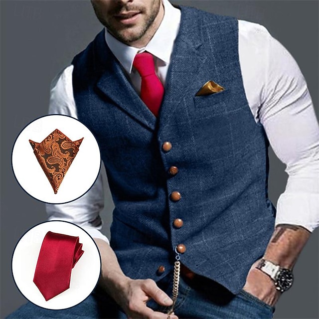  Herren Passende Sets Dunkelgrün Weste Sets Ärmellos Kargen Formal Hochzeit Plaid Tasche Polyester Frühling & Herbst