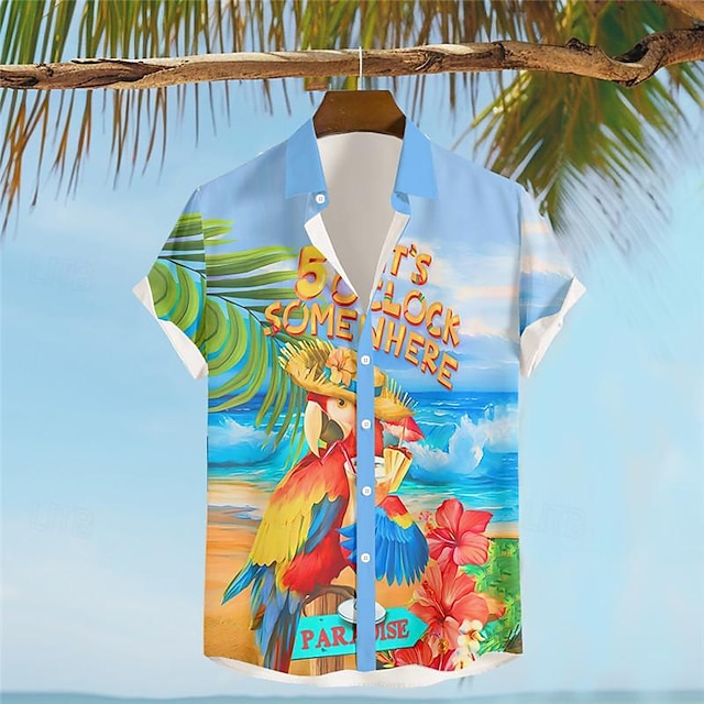  klockan är 5 någonstans papegoja män resort hawaiian 3d-tryckt skjorta knapp upp kort ärm sommar strand skjorta semester dagligt slitage s till 3xl