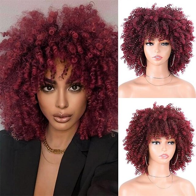  afro kinky kihara peruukki otsatukkailla 12 tuumaa synteettiset täysperuukat lämmönkestävät lyhyet kiharat peruukit päivittäisiin juhliin karnevaaliperuukit