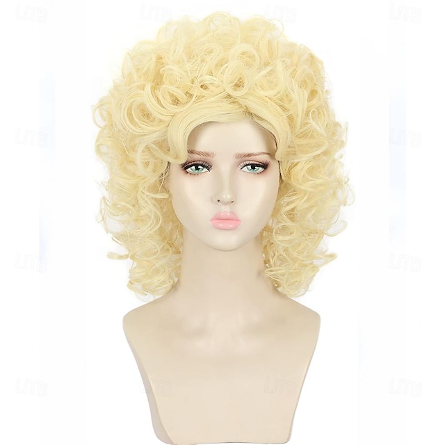  Long Curly Blonde 70s 80s Wig Women Halloween Cosplay Costume Wig