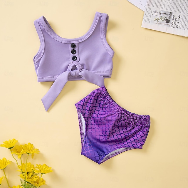  Toddler Girls' Two Piece Swimwear Bikini Children's Day Solid Colored Cute Print Bathing Suits 1-5 Years Summer Purple