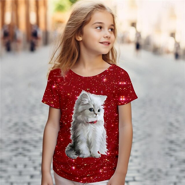  Pige 3D Kat T-shirt Skjorter Kortærmet 3D-udskrivning Sommer Aktiv Mode Sød Stil Polyester Børn 3-12 år Rund hals udendørs Afslappet Daglig Regulær