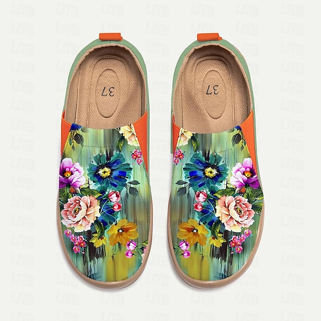  Női Tornacipők Lapos Slip-Ons Nyomtatási cipők Csúsztatható cipők Napi Utazás Virágos Festmény 3D Lapos Szabadság Alkalmi Kényelmes Vászon Papucs Zöld