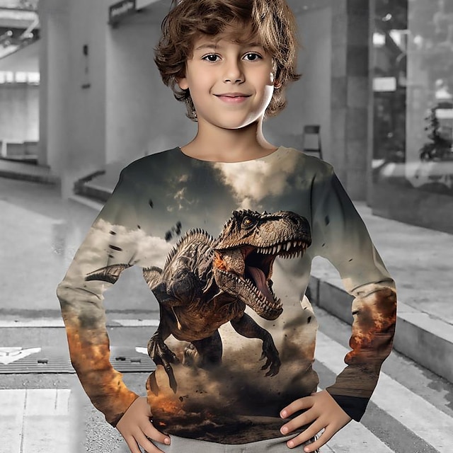  Drenge 3D Dinosaurus T-shirt Skjorte Langærmet 3D-udskrivning Forår Efterår Sport Mode Gade Polyester Børn 3-12 år Rund hals udendørs Afslappet Daglig Regulær