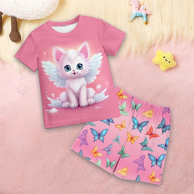 футболка для девочек с 3D-мультяшным котом & Шорты, пижамный комплект, розовый, с короткими рукавами, 3d принтом, летние, активные, модные, милые, из полиэстера, для детей от 3 до 12 лет, с круглым