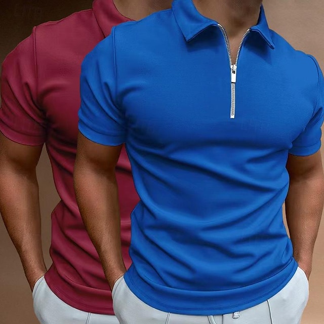  Pachet de 2 cămașă polo pentru bărbați cu fermoar cămașă de golf sport în aer liber cu fermoar cu mânecă scurtă la modă modernă fermoar uni vară cu potrivire obișnuită bleumarin bej negru alb cămașă polo 2 buc/set