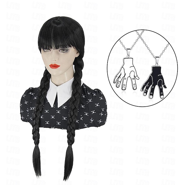  Wednesday Addams Perücke für Damen und Mädchen, lange schwarze geflochtene Perücken für Wednesday Addams Mädchen mit Wednesday Addams Kostümhalskette
