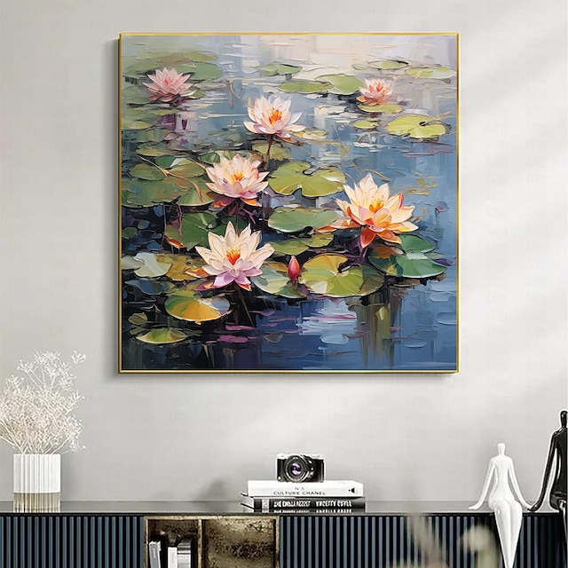  pictură în ulei originală realizată manual, floare de lotus, pe pânză, decor de artă de perete, lac minimalist pentru decor acasă cu cadru întins/fără pictură cu cadru interior