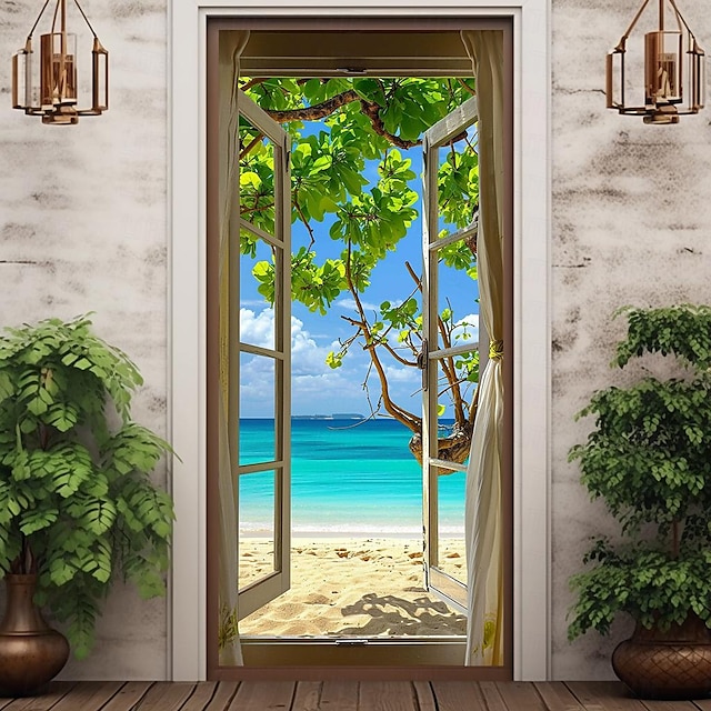  Вид на окно пляжные дверные покрытия фреска декор дверь гобелен дверной занавес украшение фон дверной баннер съемный для входной двери в помещении и на открытом воздухе украшения дома комнаты декор