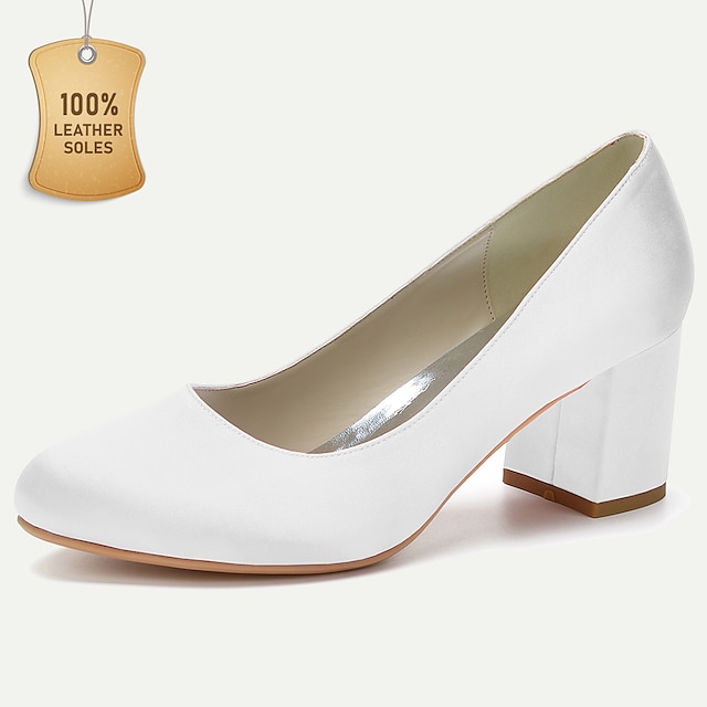  Women's Wedding Shoes Pumps Satin Slingback Bridal Shoes Chunky Heel Round Toe Elegant Satin Loafer Black White Ivory