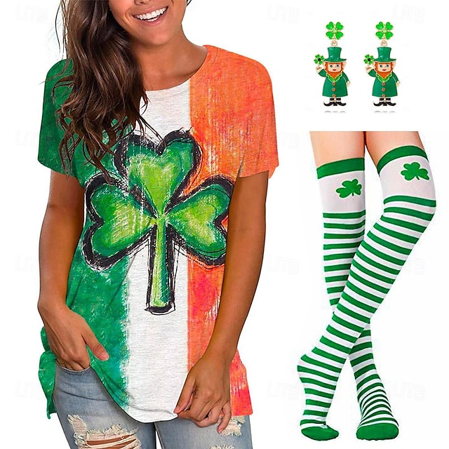  St. Patrick's Day kløver irsk T-skjorte Strømpe Øreringer Klassisk Graphic Strømper Øredobber T-Trøye Til Dame Voksne 3D-utskrift Fritid / hverdag