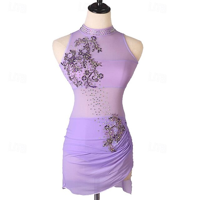  Baile salsa vestido de baile latino strass plisado bordado mujer entrenamiento de rendimiento sin mangas spandex alto tul