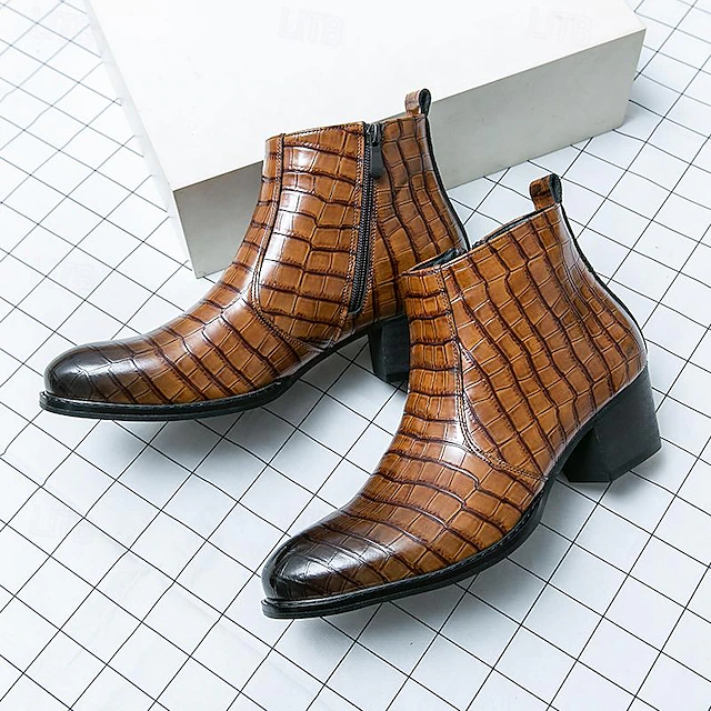 Men's Brown Crocodile Pattern Faux Leather Ankle Boots - Stylish Western Chelsea Boots for Formal Events and Casual Wear 9