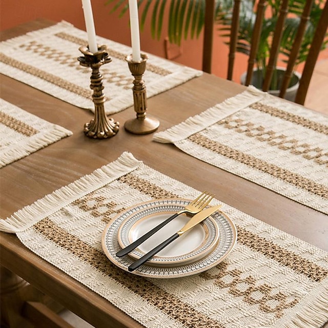  tapis de repas en corde de chanvre tapis de vaisselle en coton et lin géométrique en forme de diamant tissé couleur assortie tapis de bol à pompon de vacances matériau naturel style américain