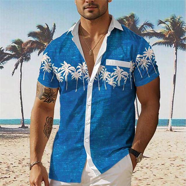 Men's Palm Tree Tropical Plants Summer Hawaiian Shirt Aloha Shirt Printed Shirts Short Sleeves Shirt Turndown Hawaiian Resort Outdoor Vacation Holiday Dark Navy Blue Orange S M L 9