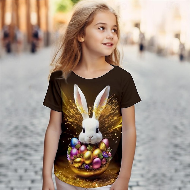  velikonoční dívčí 3d trička s králičím vejcem krátký rukáv 3D tisk léto aktivní móda roztomilý polyester děti 3-12 let posádka výstřih venkovní ležérní denní regular fit