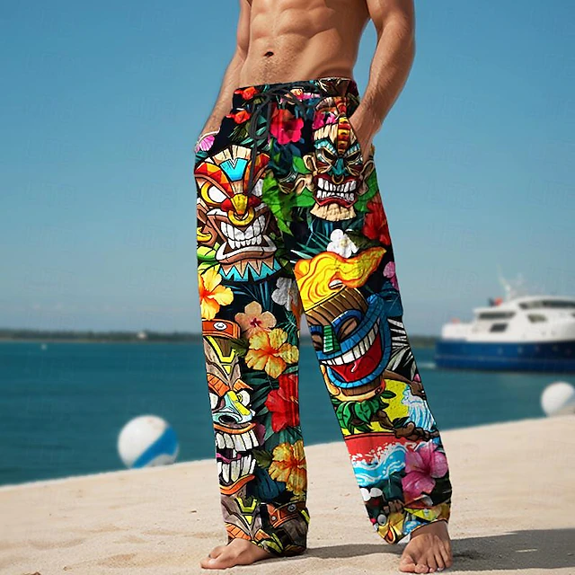 Tiki Tropical Aloha Men's Resort 3D Printed Casual Pants Trousers Elastic Waist Drawstring Loose Fit Straight-Leg Summer Beach Pants S TO 3XL 9