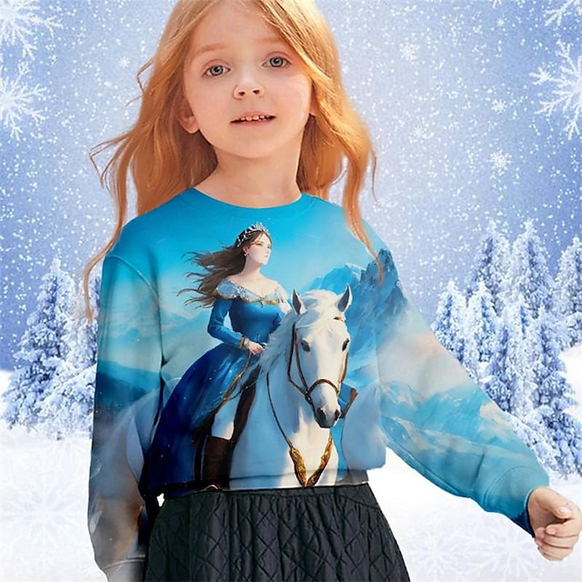  flickor 3d prinsess sweatshirt långärmad tröja 3d print vår höst mode streetwear bedårande polyester barn 3-12 år rund hals utomhus casual daglig normal passform