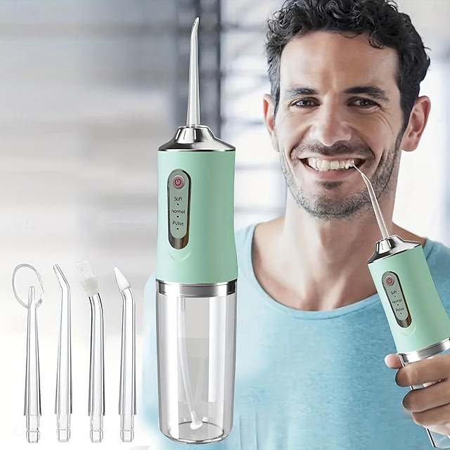  Irigator electric portabil reîncărcabil pentru dinți cu 4 capete verzi - spălator eficient de cusături dentare orale pentru bărbați și femei, perfect pentru folosirea aței dentare și curățarea apei