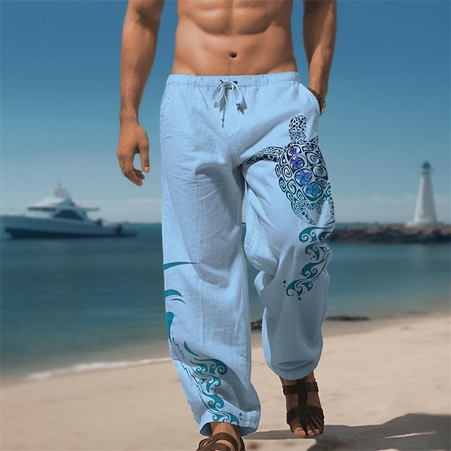  eläinkilpikonna painettu miesten havaijilainen puuvilla pellavahousut joustava kiristysnyöri design housut housut suoralahkeiset housut ulkoilu katuvaatteet 20% pellavaa keskivyötäröllä joustohousut