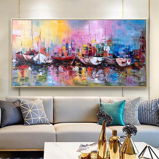 Hand painted Large Sailboat at Sunset Oil Painting on Canvas Long Horizontal painting Wall Art Colorful Yacht painting Wall Decor Sailing Boat landscape Oil Painting for living room bedroom decoration