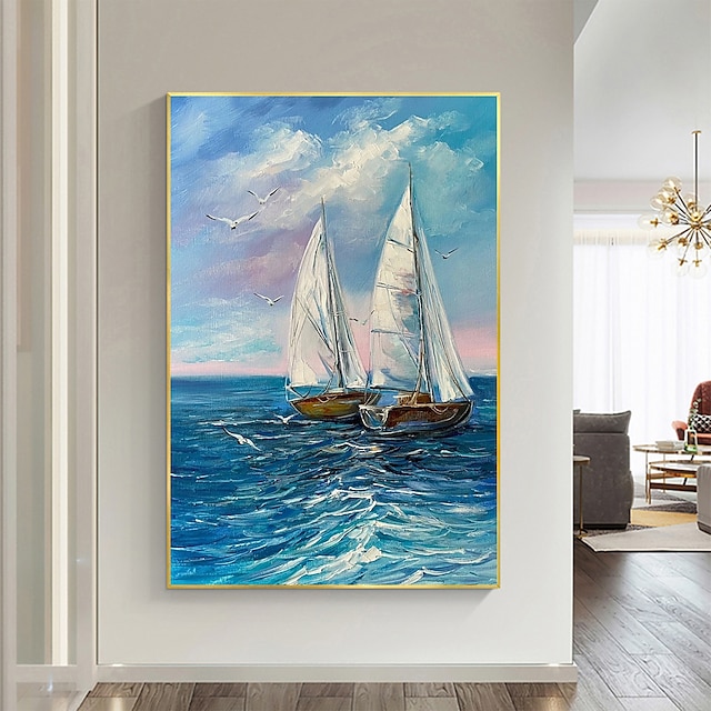  Handmade Original Blue Ocean Sailboat Oil Painting On Canvas Wall Art Decor Abstract Art  Painting for Home Decor With Stretched Frame/Without Inner Frame Painting