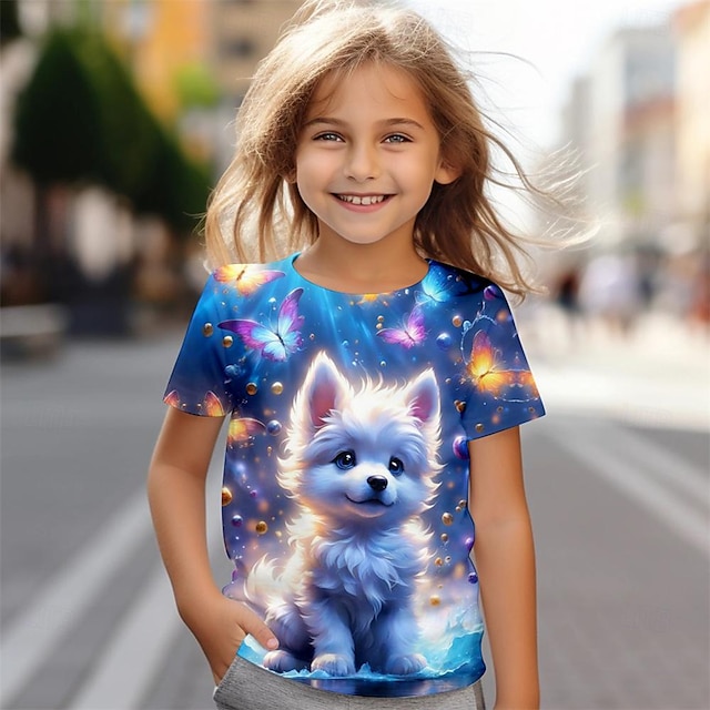  Girls' 3D Dog Tee Shirts Short Sleeve 3D Print Summer Active Fashion Cute Polyester Kids 3-12 Years Crew Neck Outdoor Casual Daily Regular Fit