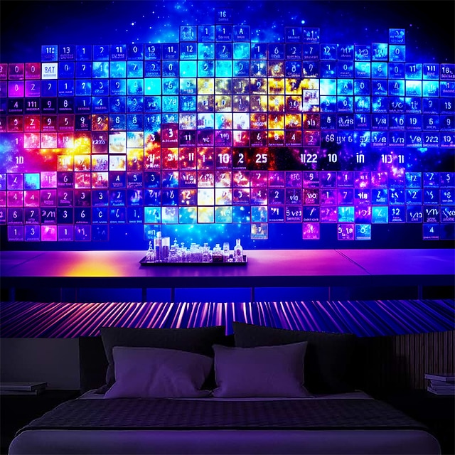  Tapeçaria de luz negra brilho reativo uv no escuro tabela periódica de elementos trippy enevoado pendurado tapeçaria mural de arte de parede para sala de estar quarto