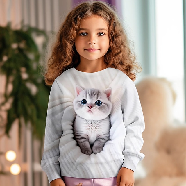  Tyttöjen 3D Kissa College Pullover Pitkähihainen 3D-tulostus Kevät Syksy Muoti Katutyyli Ihana Lapset 3-12 vuotta Tiukka pyöreä kaula-aukko ulko- Kausaliteetti Päivittäin Normaali