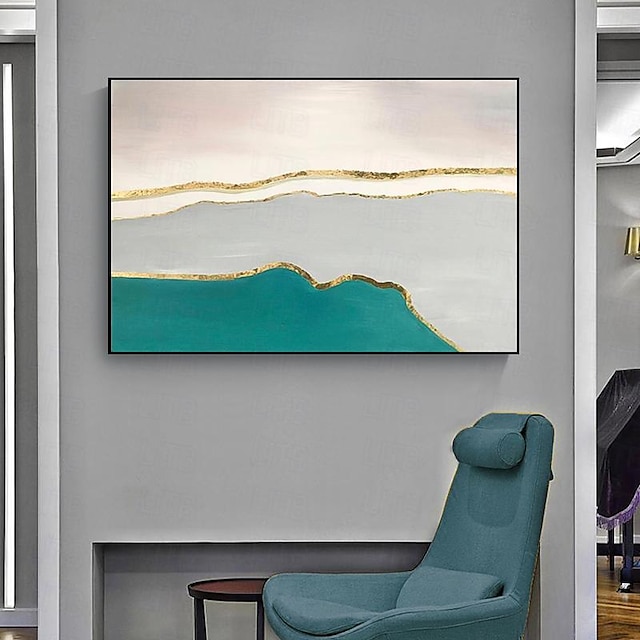  vert mer océan peint à la main peinture à l'huile abstraite feuille d'or art bleu marine bleu clair mur art toile pour la maison chambre deocr pas de cadre