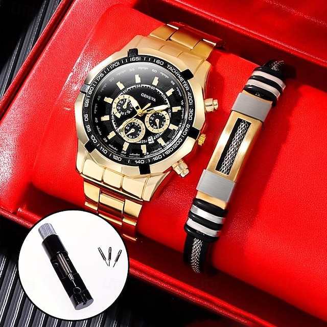  Reloj de lujo 2 en 1 para hombre con conjunto de pulsera, reloj de pulsera de acero deportivo de cuarzo militar informal a la moda, reloj de regalo para hombre