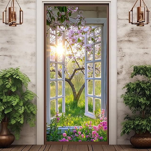  ablak fa kilátás ajtóhuzatok falfestmény dekor ajtó kárpit ajtó függöny dekoráció háttér ajtó transzparens kivehető bejárati ajtóhoz beltéri kültéri otthoni szoba dekoráció parasztház dekorációs