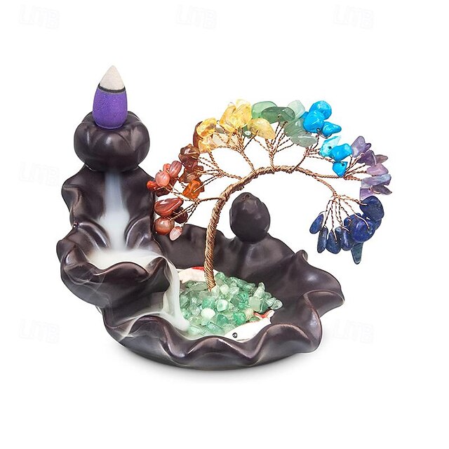  Meditation Incense Burner Handcrafted Resin Waterfall Incense Holder with Faux Stone Lucky Tree Ornament for Home Zen Decoration