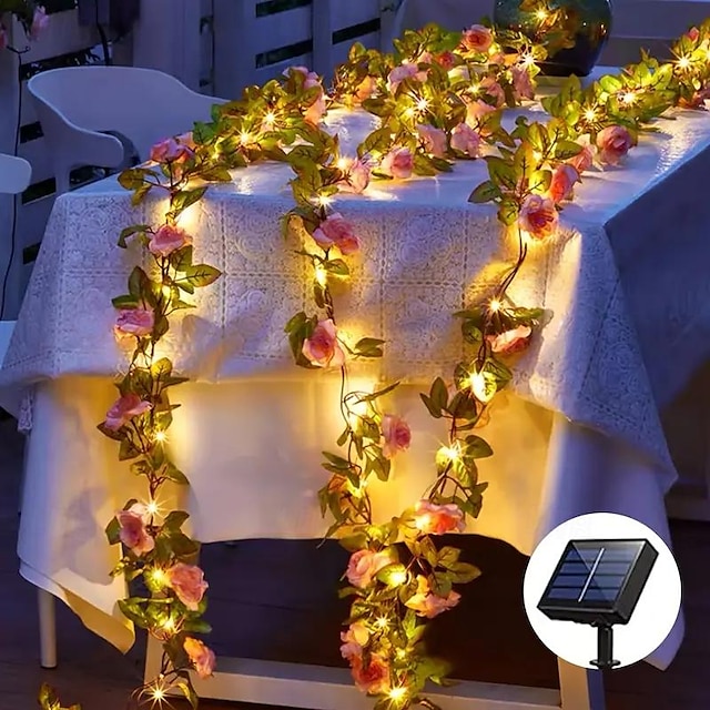  سلسلة أضواء على شكل زهرة وردية تعمل بالطاقة الشمسية 2 متر 20 مصباح LED للحديقة مقاومة للماء لعيد الحب للمنزل وغرفة النوم وحفلات الزفاف وأعياد الميلاد وحديقة عيد الحب