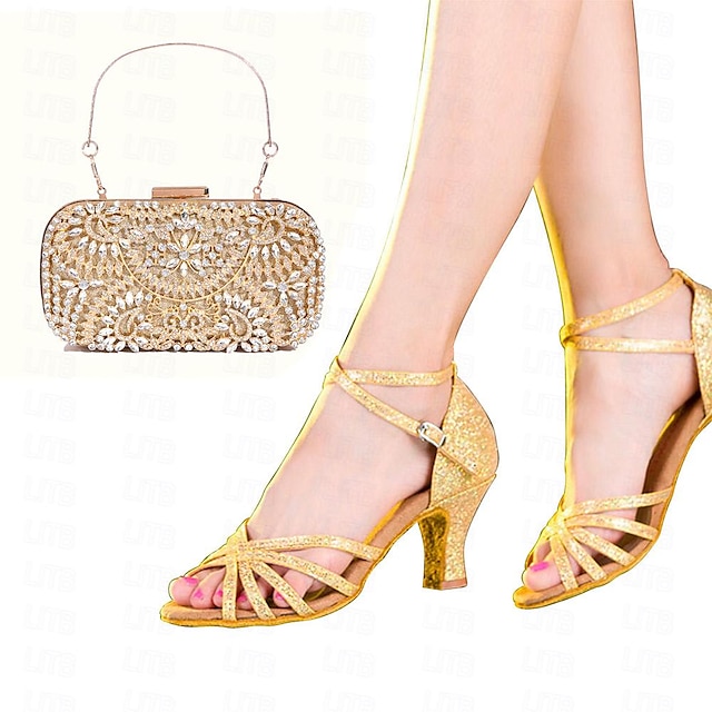  pantofi latin dama pantofi de dans și seturi de poșete de interior pantofi profesioniști chacha strălucitori toc cu sclipici toc cuban cu cataramă cu vârf deschis, auriu argintiu