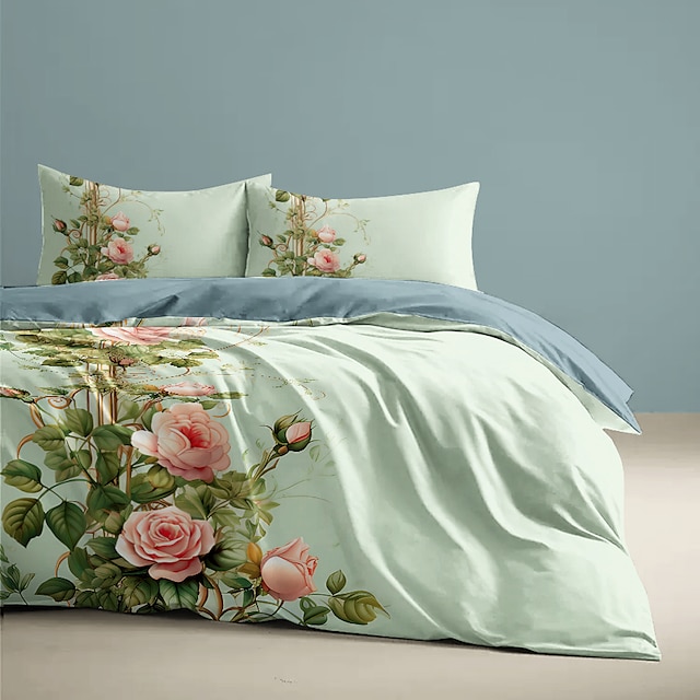 L.T.Home 100% Cotton Sateen Duvet Cover Set Reversible Premium 300 Thread Count Floral Pattern Elite Bedding Set