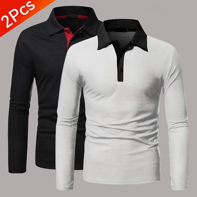  Mehrfachpackungen 2St Herren Viertel Postleitzahl Langarm Grau + Schwarz Polo Poloshirt mit Viertelreißverschluss Golfhemd Spleißen Farbblock Freizeitskleidung Urlaub Polyester Frühling & Herbst