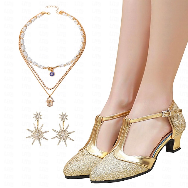  Women's Ballroom Dance Shoes and Earrings and Necklaces Set Glitter Crystal Sequined Jeweled Plus Size Ankle Strap Heels Party Summer Pointed Toe Elegant Vintage Fashion PU Gold mid-heel Gold low-heel
