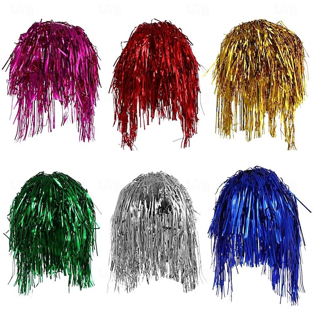  6 pacotes de perucas de festa de ouropel vestir-se peruca de festa brilhante peruca colorida perucas de fantasia de cosplay para festa de máscaras adultos homens mulheres cosplay headwear