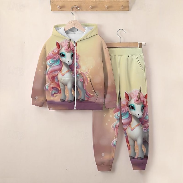  Girls' 3D Unicorn Hoodie & Sweatpants Set Long Sleeve 3D Printing Spring Fall Active Fashion Cute Polyester Kids 3-12 Years Zip Hooded Outdoor Street Regular Fit