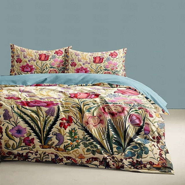  l.t.home 100 % bomuld satin dynebetræk sæt vendbart premium 300 trådantal blomstret elite sengetøj sæt