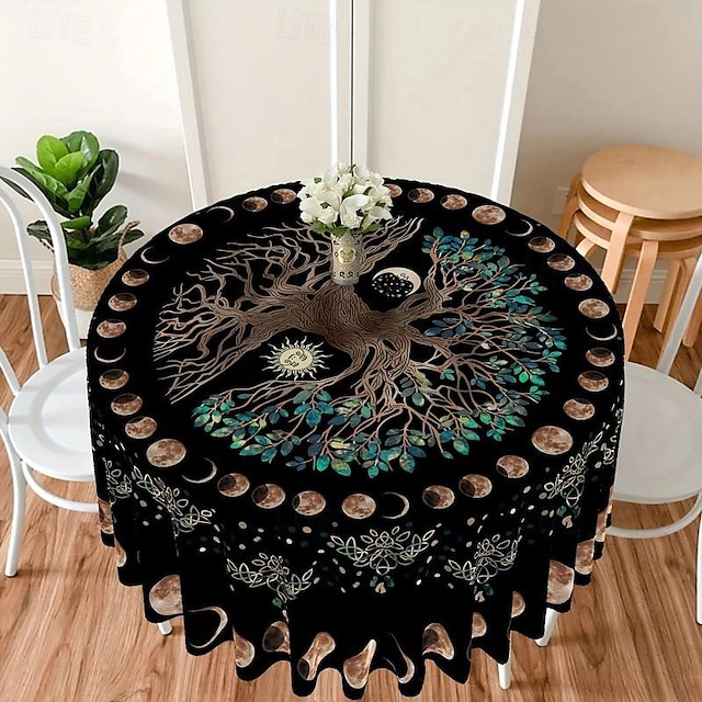  1pc Round Tablecloth 63 Inch, Boho Table Cloth With Sun Moon Star Tree Pattern, Stain Resistant, Absorbent And Wrinkle Free, Circle Table Cover For Home Kitchen Dining Party Patio Indoor
