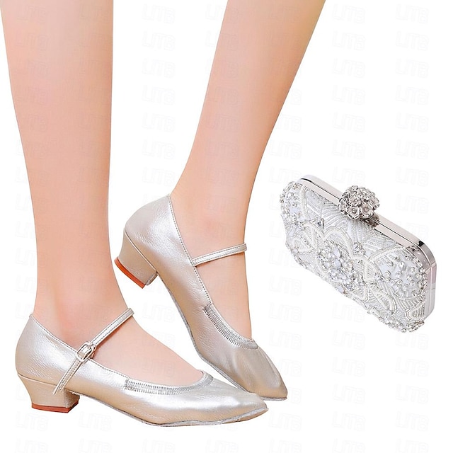  Women's Ballroom Dance Shoes Modern Dance Shoes Indoor Professional Waltz Heel Solid Color Buckle Silver White